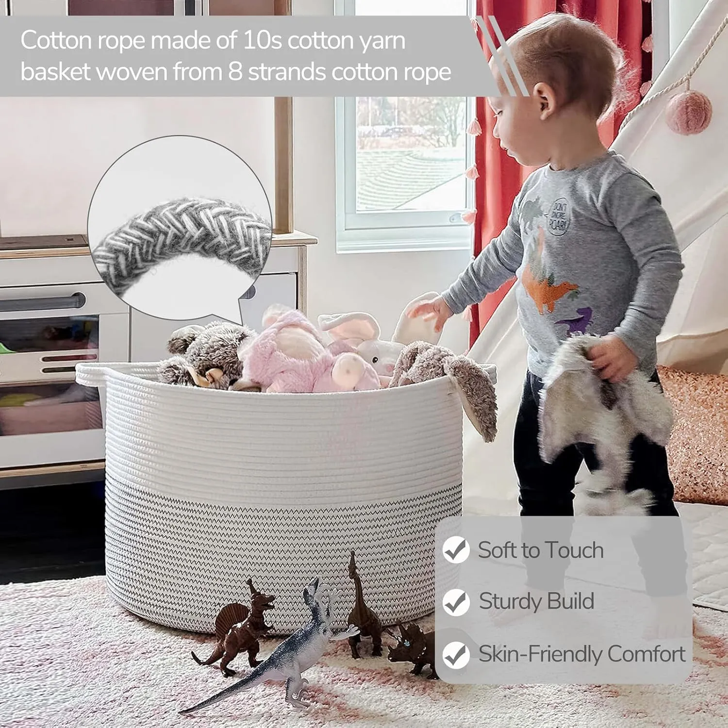 INDRESSME XXXLarge Cotton Rope Basket 21.7" x 21.7" x 13.8" Woven Baby Laundry Basket for Blankets Toys Storage Baskets with Handle Comforter Cushions Storage Bins Thread Laundry Hamper-Black Stitch