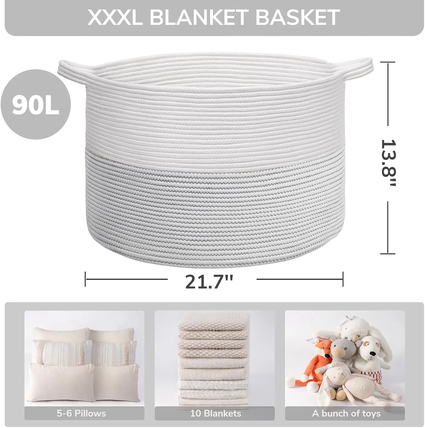 INDRESSME XXXLarge Cotton Rope Basket 21.7" x 21.7" x 13.8" Woven Baby Laundry Basket for Blankets Toys Storage Baskets with Handle Comforter Cushions Storage Bins Thread Laundry Hamper-Black Stitch
