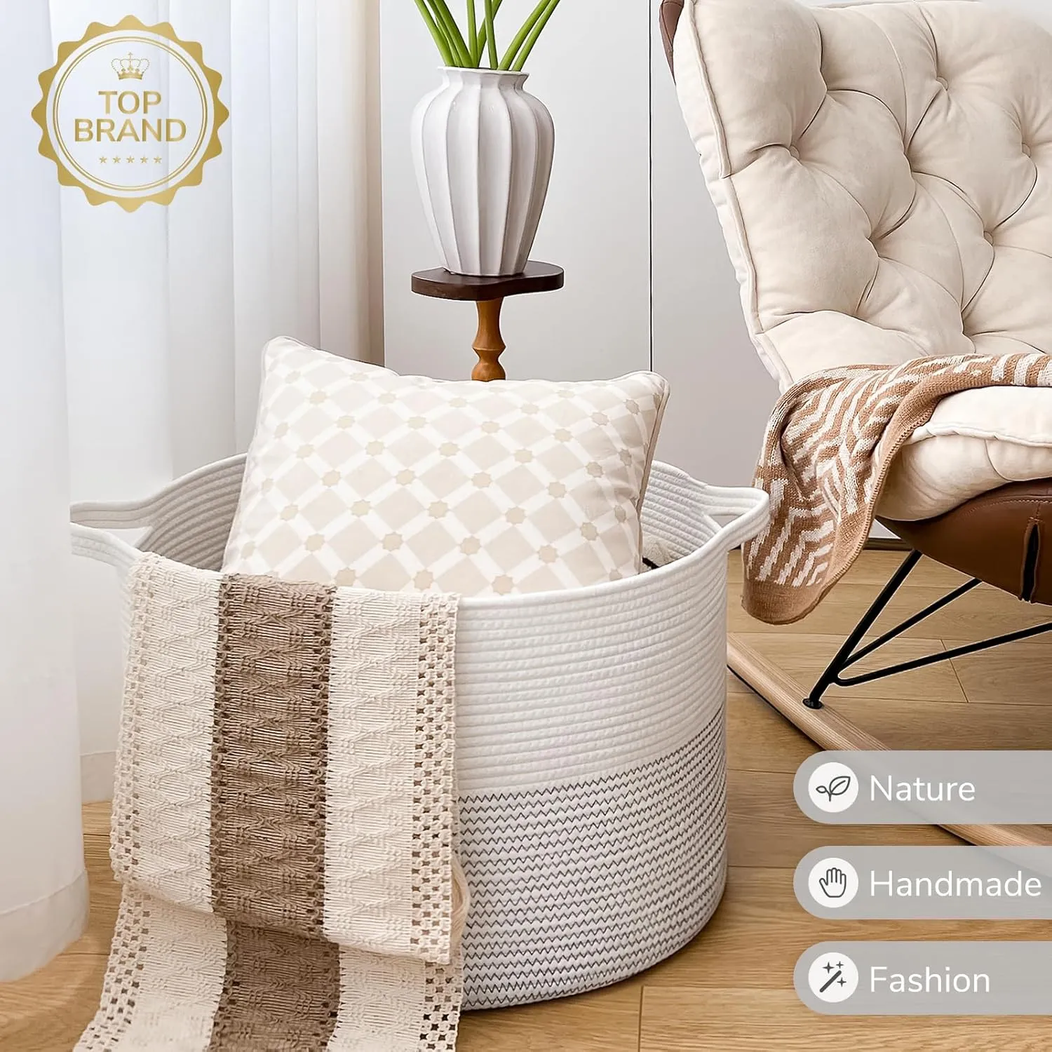 INDRESSME XXXLarge Cotton Rope Basket 21.7" x 21.7" x 13.8" Woven Baby Laundry Basket for Blankets Toys Storage Baskets with Handle Comforter Cushions Storage Bins Thread Laundry Hamper-Black Stitch