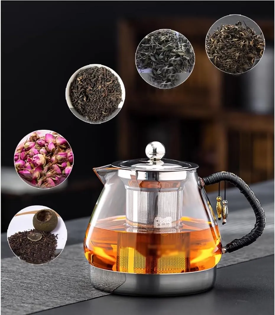 Induction Cooker Special Glass Teapot With Cool Handle, Heat Resistant Borosilicate Glass Teapot With Stainless Steel Inner Filter,tea Kettle Stovetop Glass Flower T A-1.4L