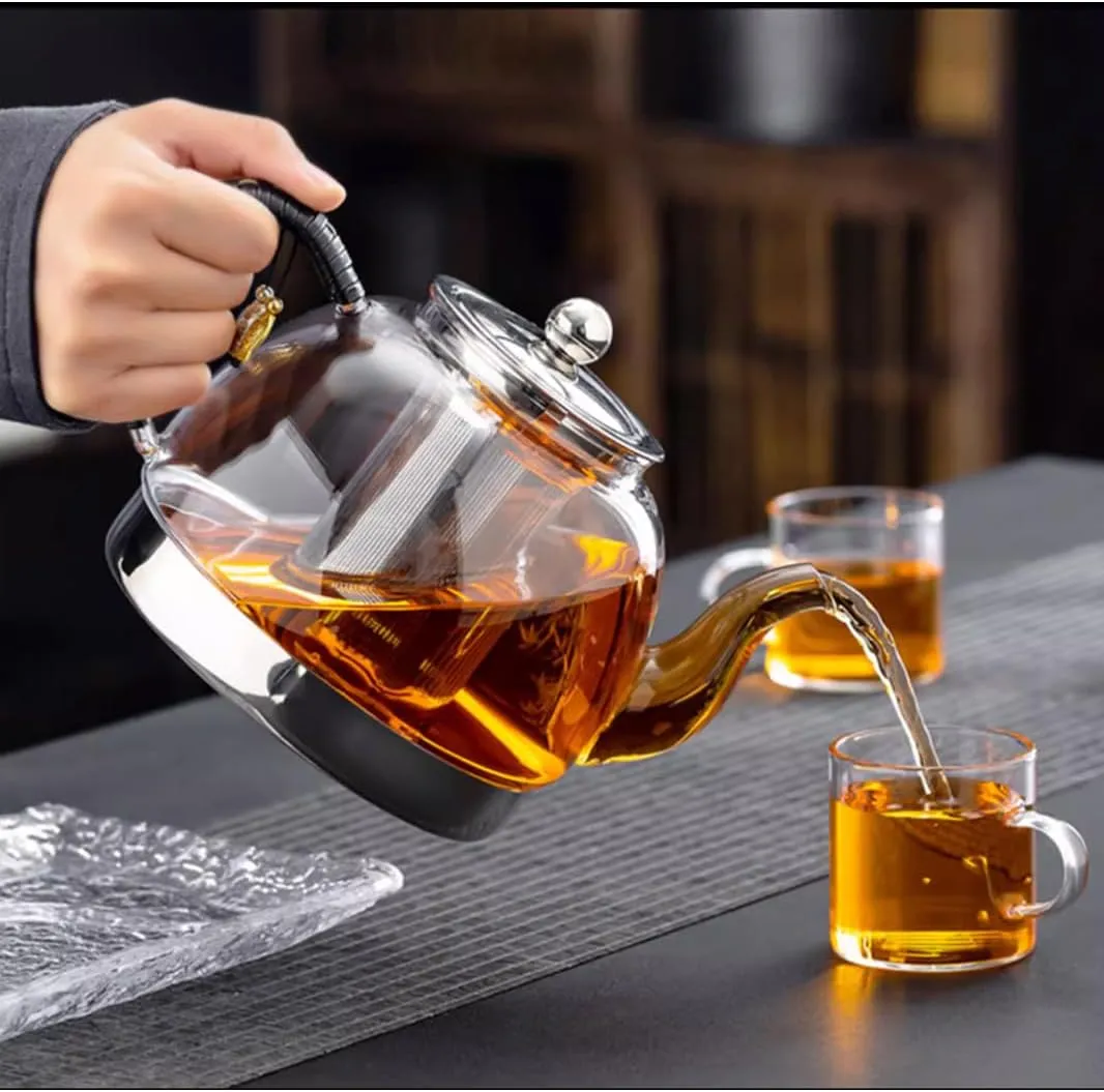 Induction Cooker Special Glass Teapot With Cool Handle, Heat Resistant Borosilicate Glass Teapot With Stainless Steel Inner Filter,tea Kettle Stovetop Glass Flower T A-1.4L