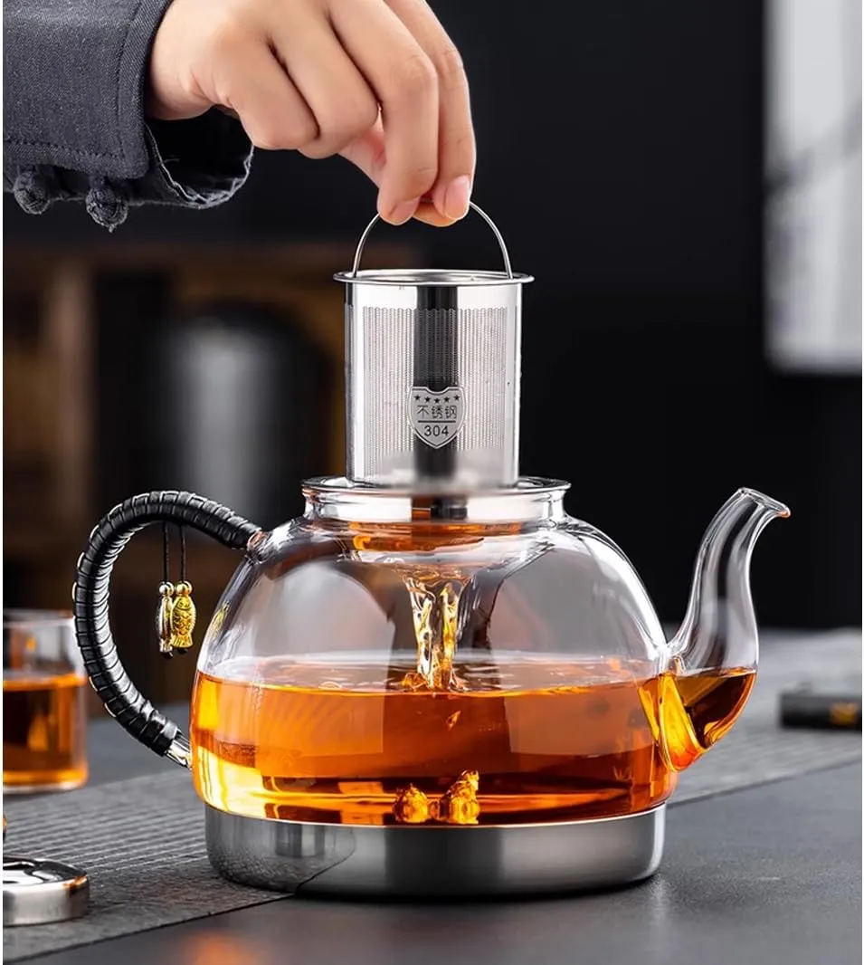 Induction Cooker Special Glass Teapot With Cool Handle, Heat Resistant Borosilicate Glass Teapot With Stainless Steel Inner Filter,tea Kettle Stovetop Glass Flower T A-1.4L