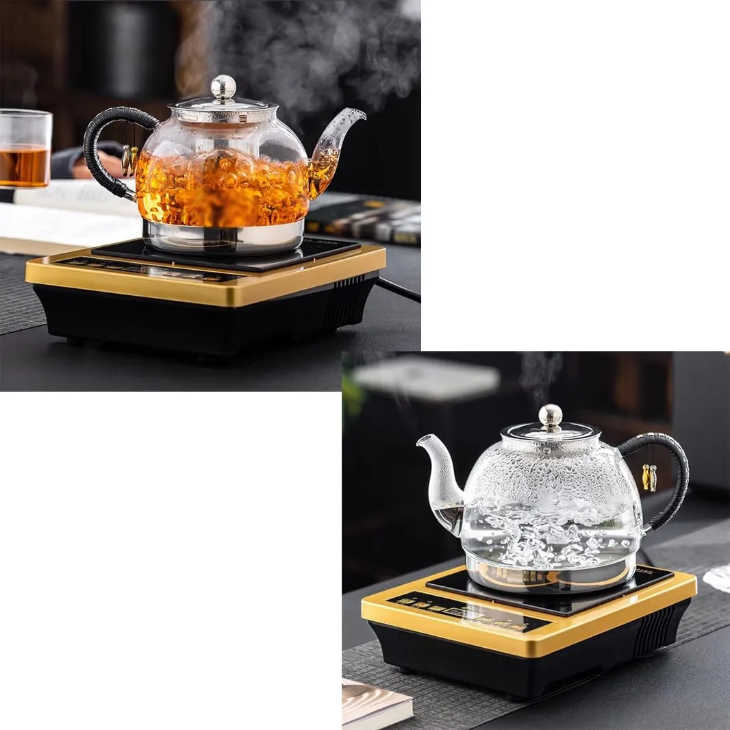 Induction Cooker Special Glass Teapot With Cool Handle, Heat Resistant Borosilicate Glass Teapot With Stainless Steel Inner Filter,tea Kettle Stovetop Glass Flower T A-1.4L