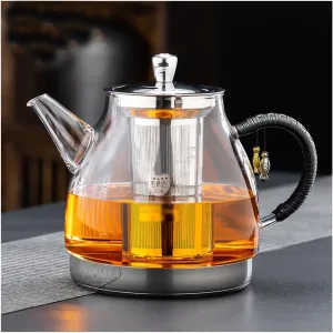 Induction Cooker Special Glass Teapot With Cool Handle, Heat Resistant Borosilicate Glass Teapot With Stainless Steel Inner Filter,tea Kettle Stovetop Glass Flower T A-1.4L