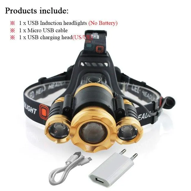 Induction headlamp zoom USB led headlight cree xml 3t6 IR Sensor head light waterproof head lamp 18650 battery Light head torch