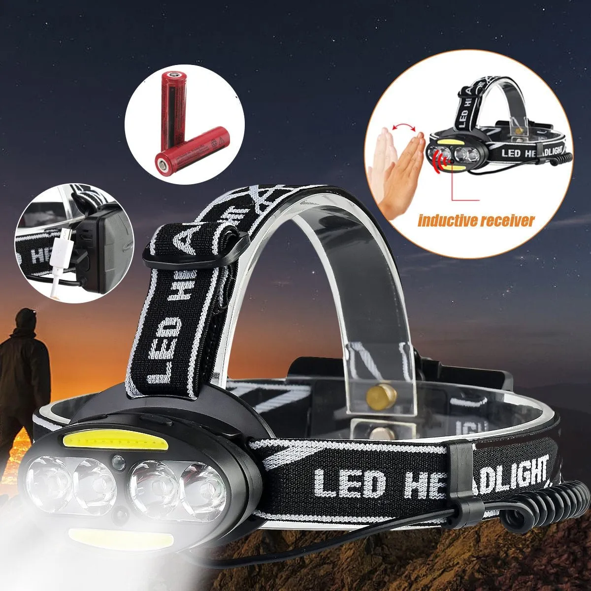 Induction Sensor Headlight 35000lm 4*T6 2*COB LED Head Lamp Flashlight Torch Head Light 18650 Battery USB Rechargeable Headlamps