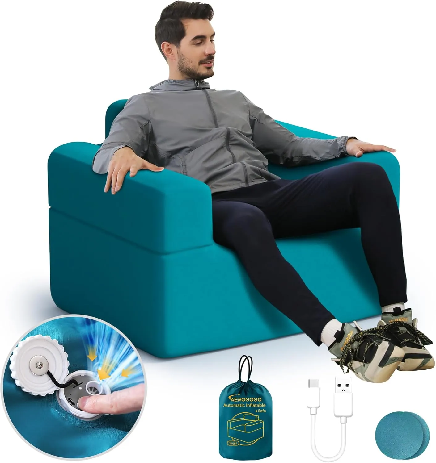 Inflatable Couch Self Inflatable Sofa, Air Couch with Built-in Air Pump Rechargeable, 4kPa High-Pressure & Durable Blow up Couch Camping Couch for Picnic Beach Home (Armchair)