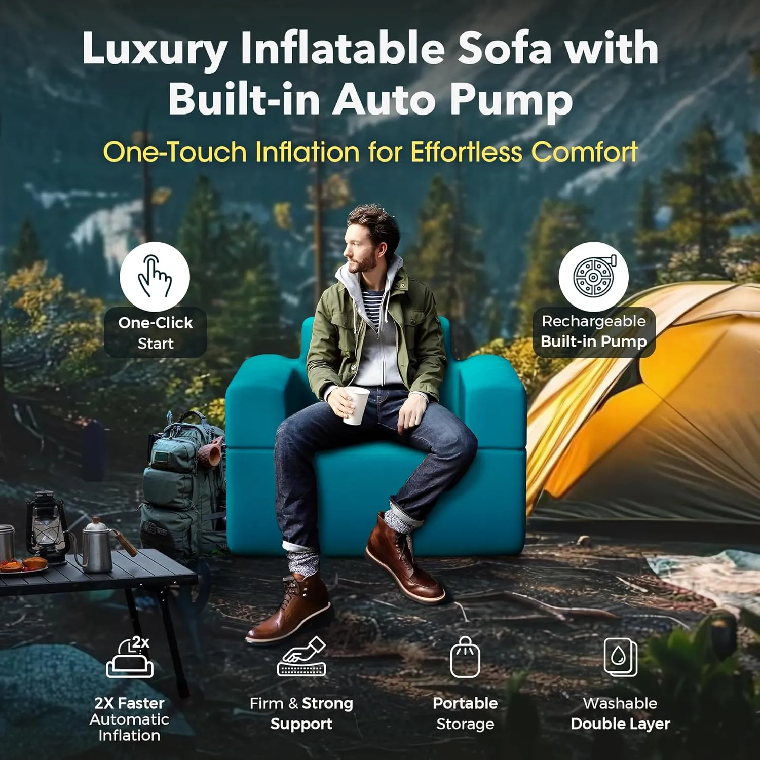 Inflatable Couch Self Inflatable Sofa, Air Couch with Built-in Air Pump Rechargeable, 4kPa High-Pressure & Durable Blow up Couch Camping Couch for Picnic Beach Home (Armchair)