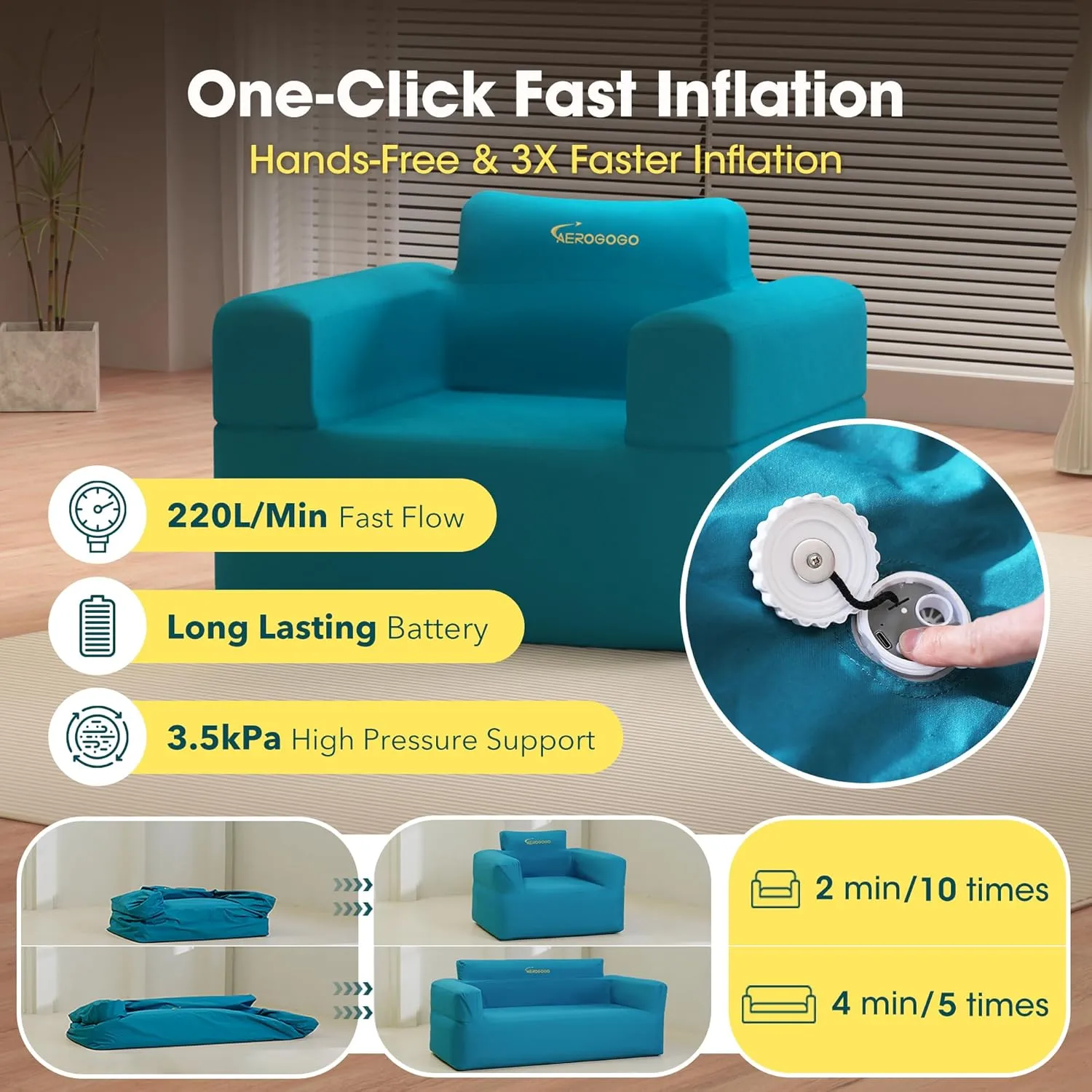 Inflatable Couch Self Inflatable Sofa, Air Couch with Built-in Air Pump Rechargeable, 4kPa High-Pressure & Durable Blow up Couch Camping Couch for Picnic Beach Home (Armchair)