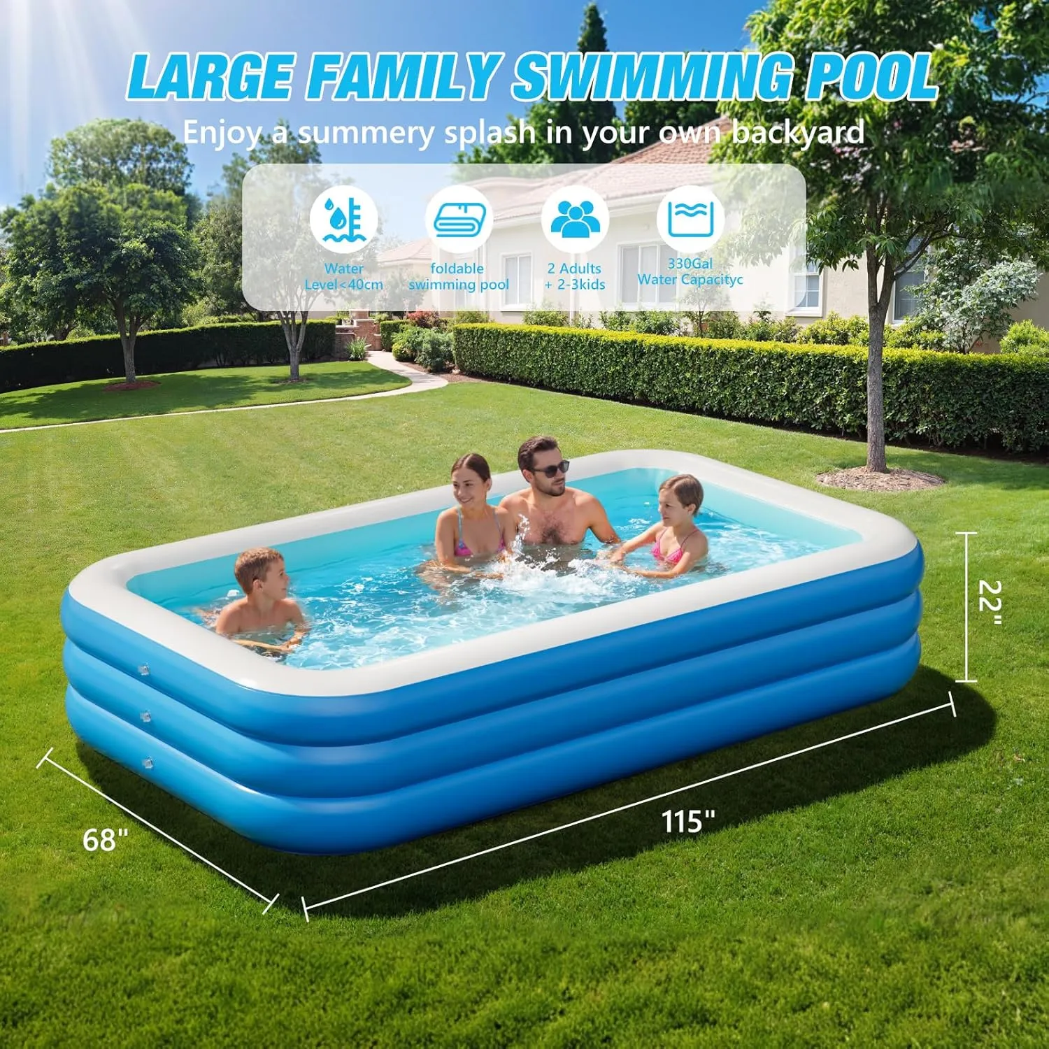 Inflatable Pool for Adults and Kids, 115'' x 68'' x 22'' Large Inflatable Pool for Adults, Blow up Pools, Rectangular Family Swimming Poo l, Oversized Thickened Family Inflatable Pools for Outdoor