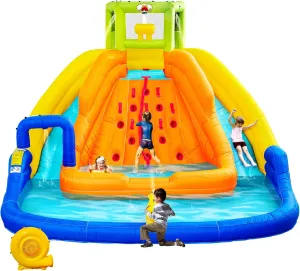 Inflatable Water Slide, Bounce House with Water Bucket, Deep Pool, Climbing Wall with Rope, Bouncy Castle with Air Blower