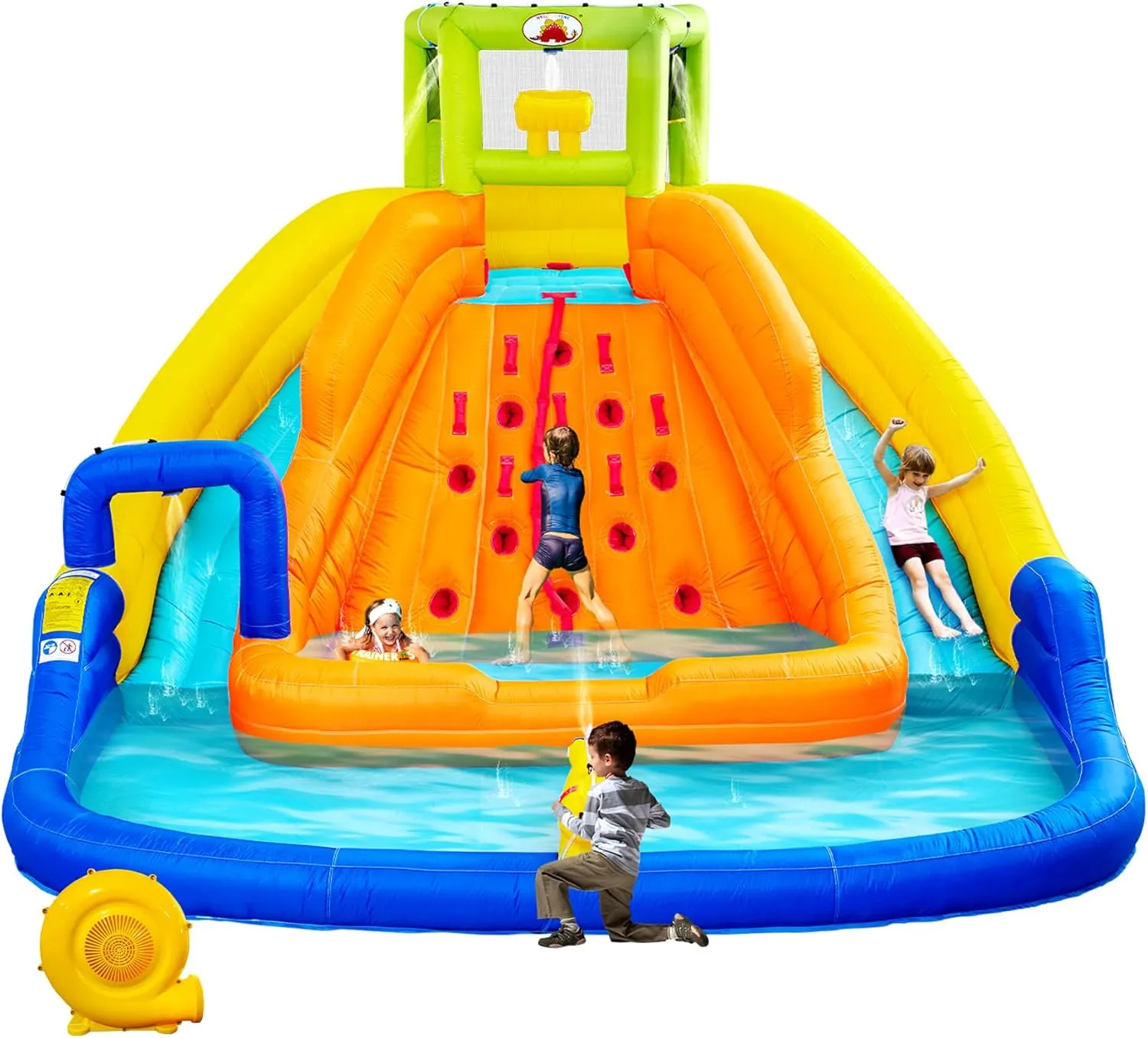 Inflatable Water Slide, Bounce House with Water Bucket, Deep Pool, Climbing Wall with Rope, Bouncy Castle with Air Blower