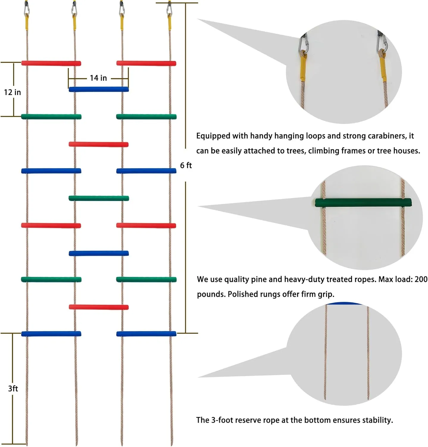 Innovative Rainbow Kids' Wooden Rope Ladder - 3/4/5-Group Connectivity, 14-Inch Wide, Ideal Ninja Warrior Accessory for Tree, Swing & Play (Set3: 4-Interlinked Colorful Ladders)