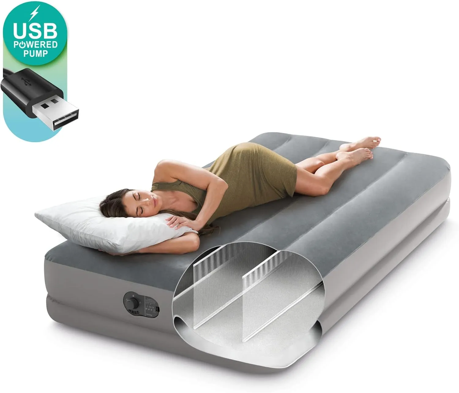 Intex 64112E Dura-Beam Standard Prestige Air Mattress: Fiber-Tech – Twin Size – Built-in USB Electric Pump – 12in Bed Height – 300lb Weight Capacity