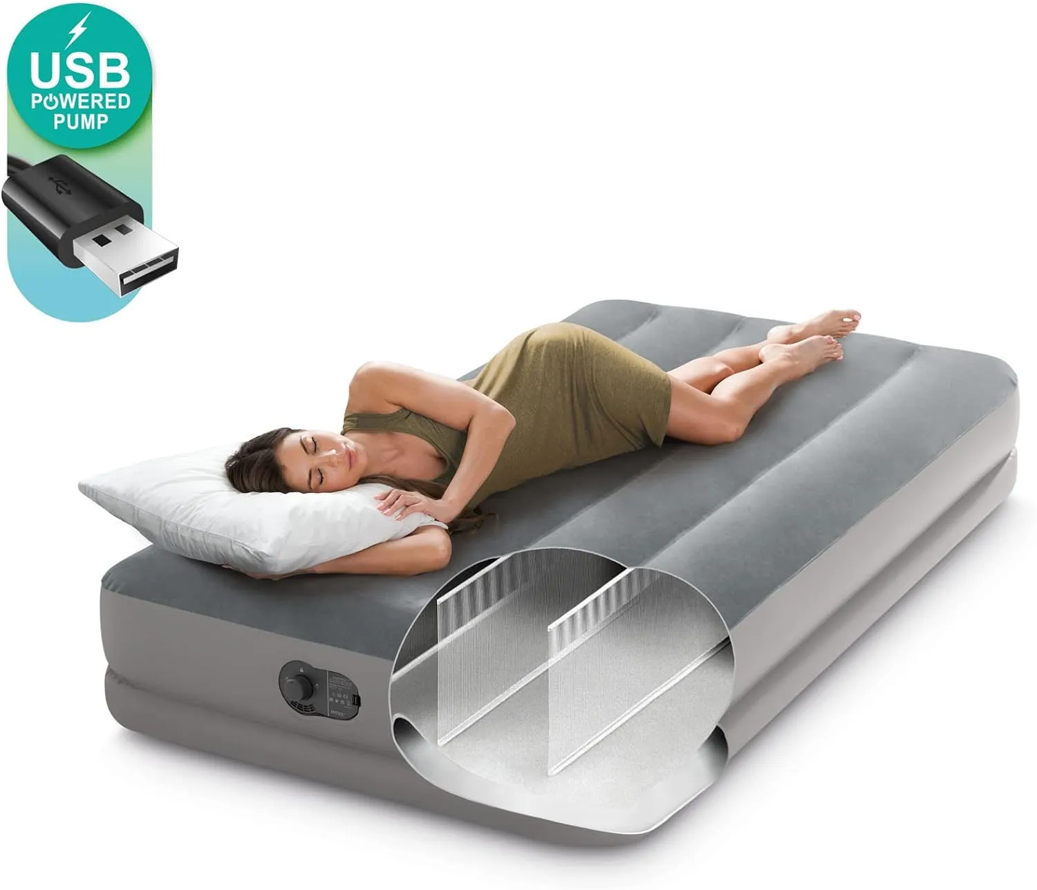 Intex 64112E Dura-Beam Standard Prestige Air Mattress: Fiber-Tech – Twin Size – Built-in USB Electric Pump – 12in Bed Height – 300lb Weight Capacity