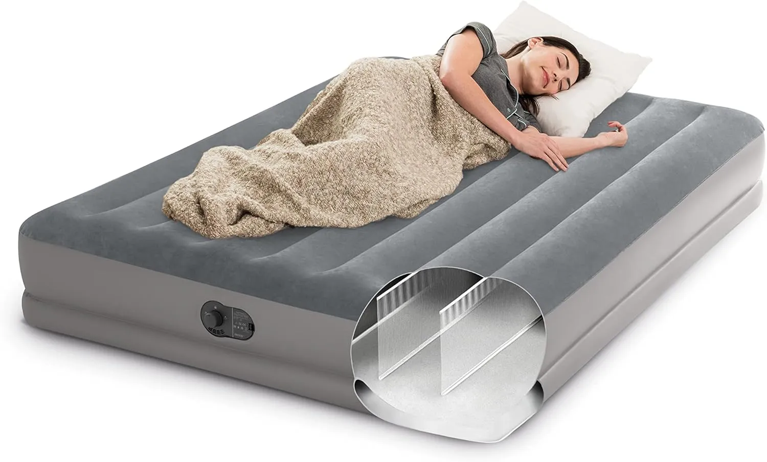 Intex 64114E Dura-Beam Standard Prestige Air Mattress: Fiber-Tech – Queen Size – Built-in USB Electric Pump – 12in Bed Height – 600lb Weight Capacity