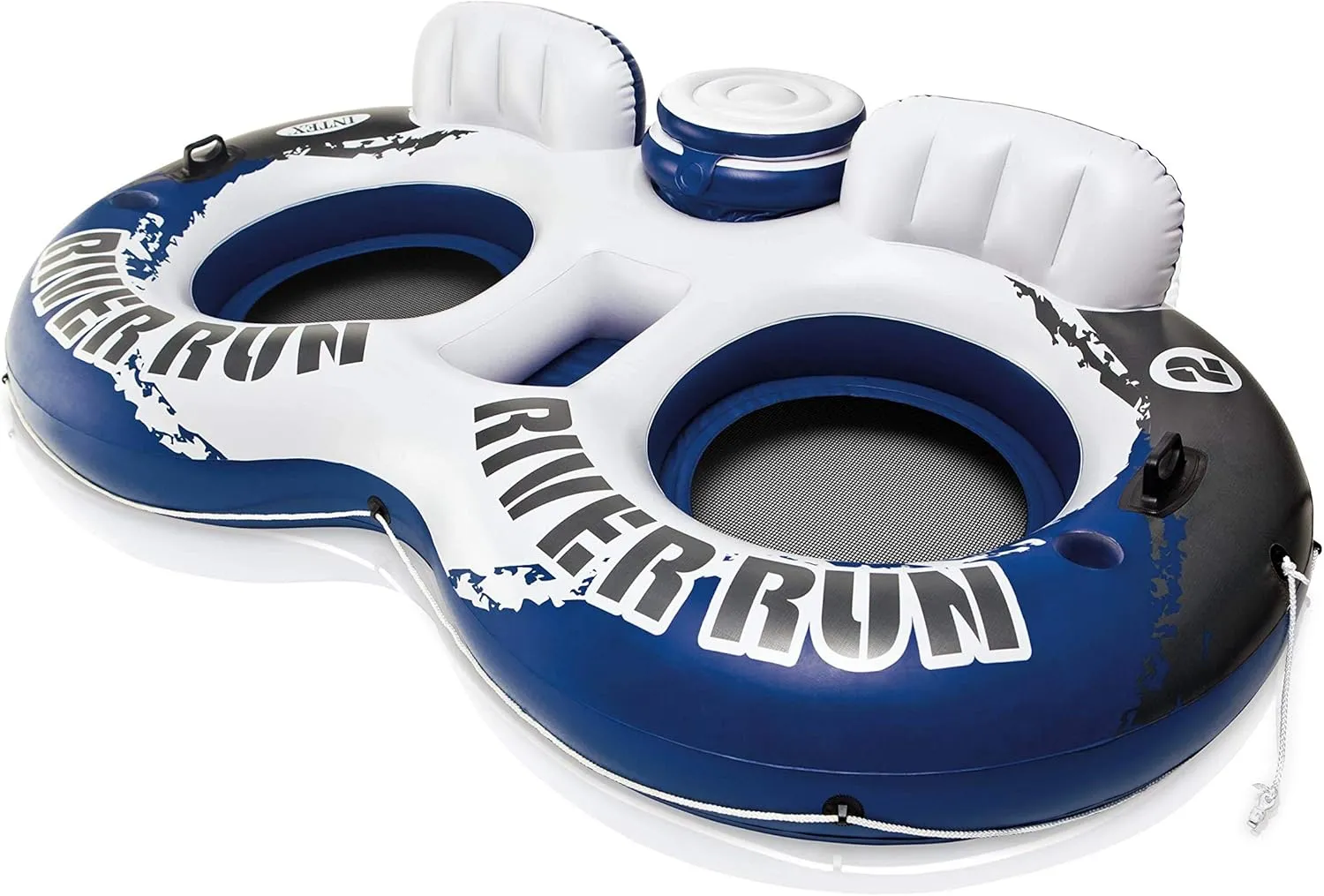 Intex River Run II Model 58837EP 18 Gauge Lightweight Durable Water Tube Float Raft Lounger with Built in Cooler and Cup Holder