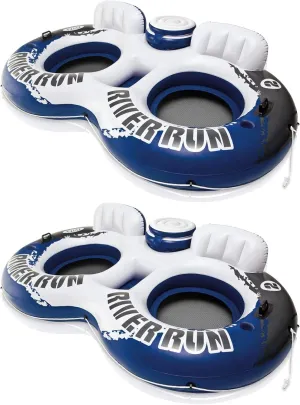 Intex River Run II Model 58837EP 18 Gauge Lightweight Durable Water Tube Float Raft Lounger with Built in Cooler and Cup Holder