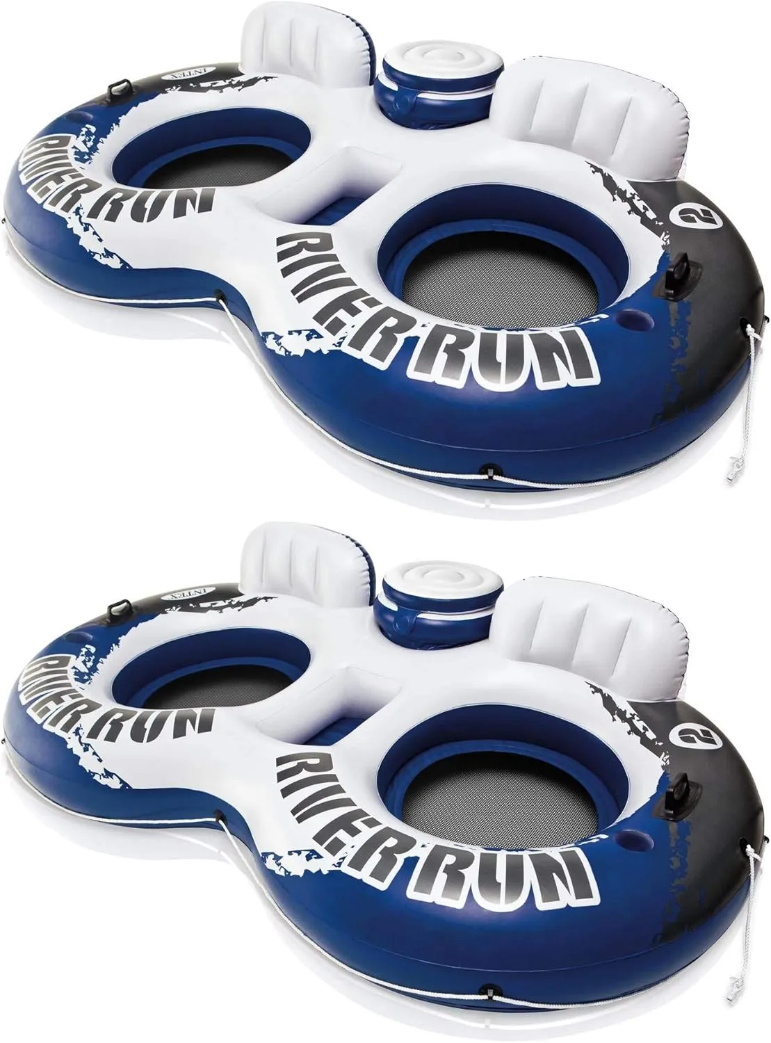 Intex River Run II Model 58837EP 18 Gauge Lightweight Durable Water Tube Float Raft Lounger with Built in Cooler and Cup Holder