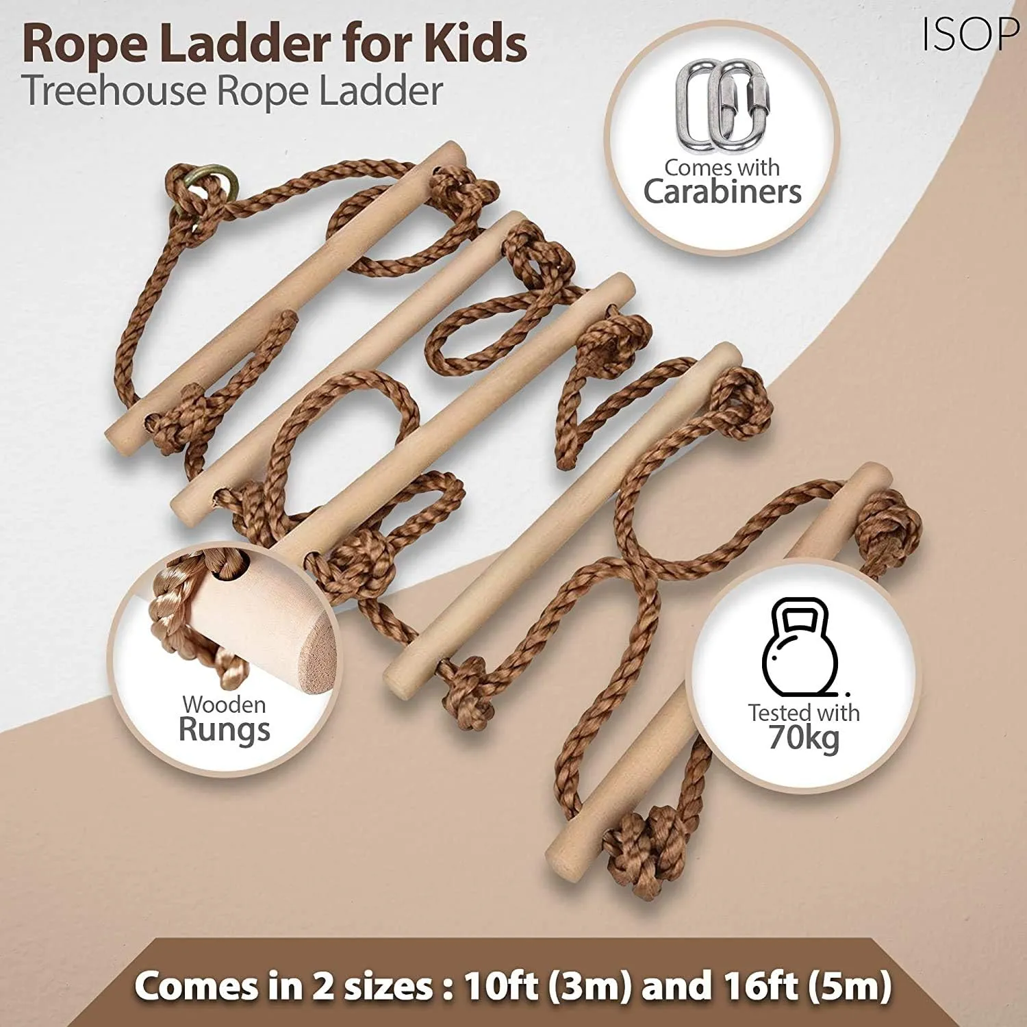 ISOP Swedish Wall Rope Ladder 6.5 ft - Climbing Rope Ladder for Kids | Tree Ladders Play Equipment | Wooden Ladders with Spring Hooks | Playground Accessories | Kids Climbing Toys for Backyard
