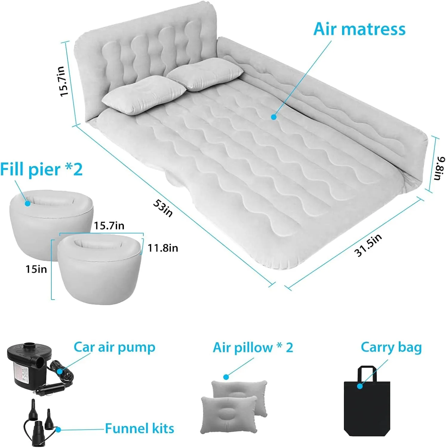 ISWEES Car Bed SUV Air Mattress, Car Air Mattress with Electric Pump, 2 Inflatable Pillows and 2 Footrests for Back Seat, Side Seat,Trunk Sleeping, Thickened Camping Bed - Grey