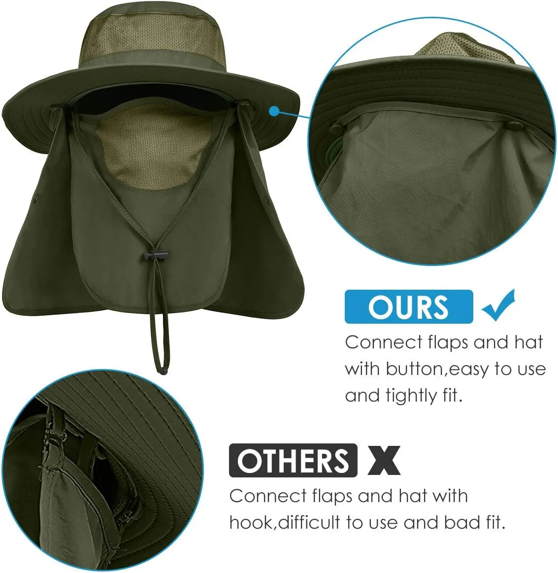 IYEBRAO Mens Outdoor Sun Hat with Face Neck Flap UV Protection Wide Brim Fishing Hat for Hiking Safari Gardening UPF 50 