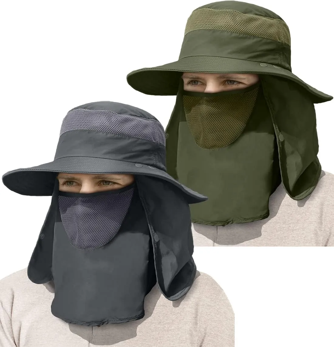 IYEBRAO Mens Outdoor Sun Hat with Face Neck Flap UV Protection Wide Brim Fishing Hat for Hiking Safari Gardening UPF 50 