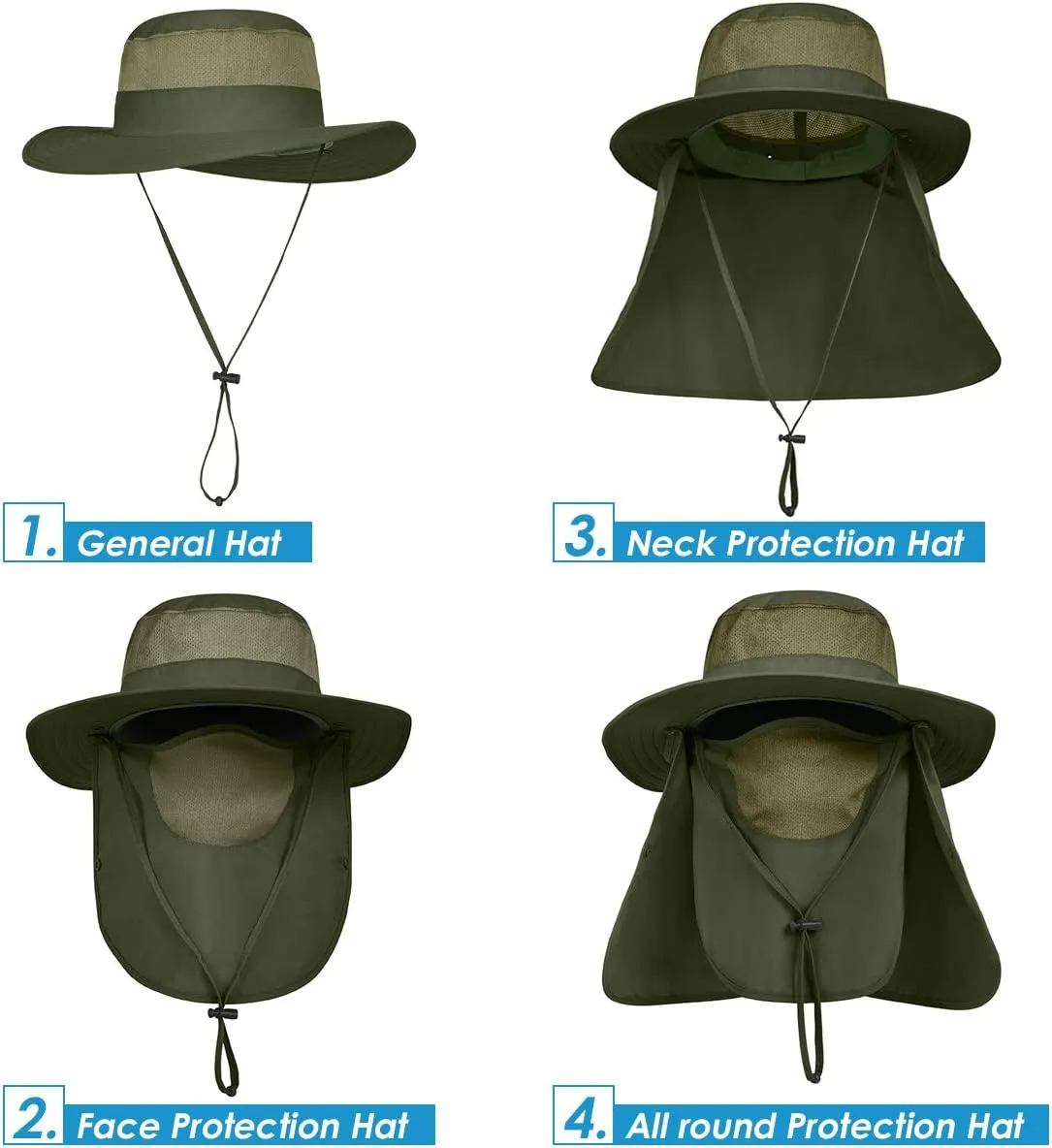 IYEBRAO Mens Outdoor Sun Hat with Face Neck Flap UV Protection Wide Brim Fishing Hat for Hiking Safari Gardening UPF 50 