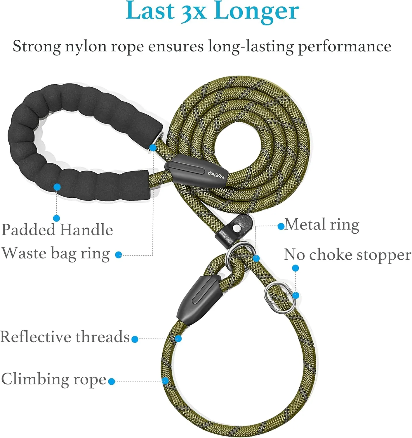 iYoShop Durable Slip Lead Dog Leash with Padded Handle and Highly Reflective Threads, No Pull Dog Training Leash (1/2" x 4 FT, Military Green)