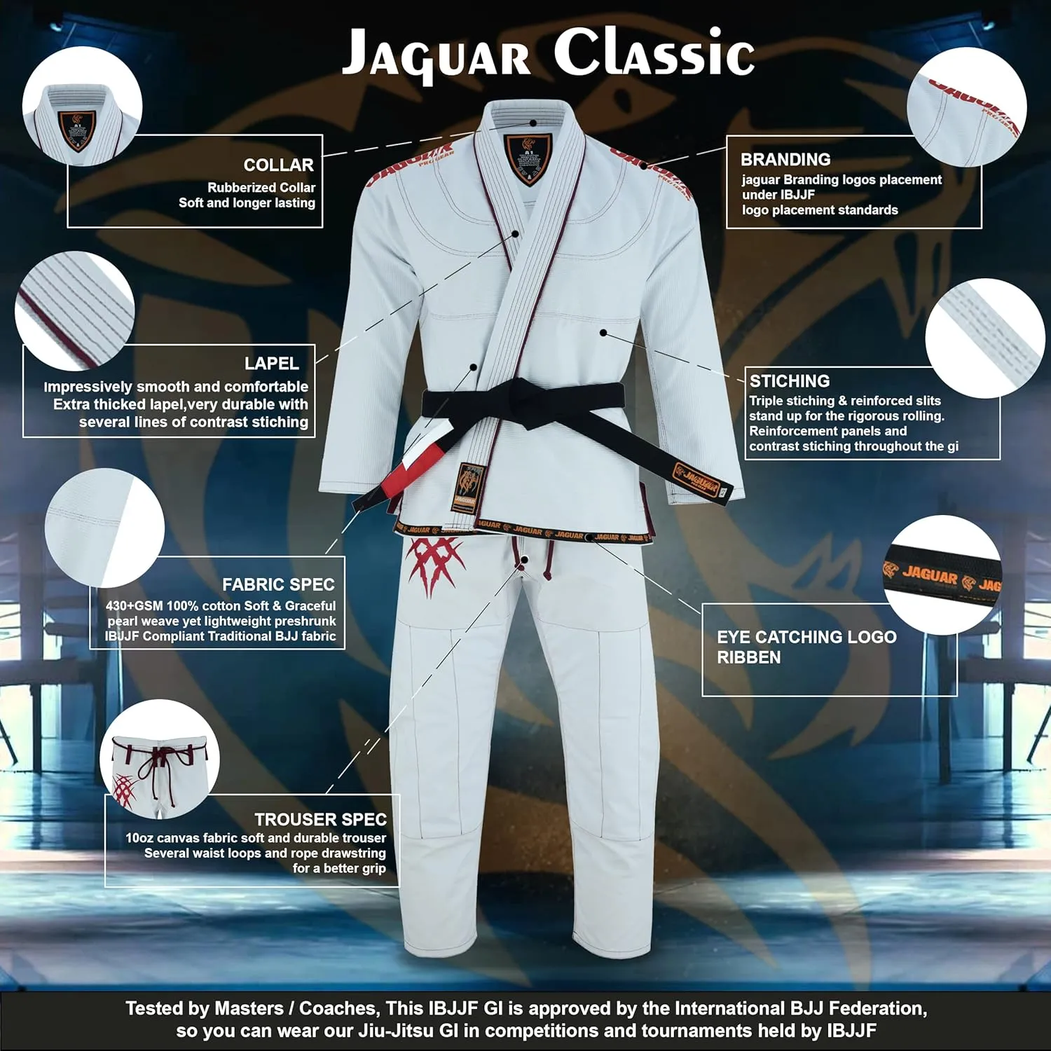 JAGUAR PRO GEAR Classic Series - Brazilian Jiu Jitsu, Kids Adults Unisex, Kimono Gi Lightweight Uniform with White Belt