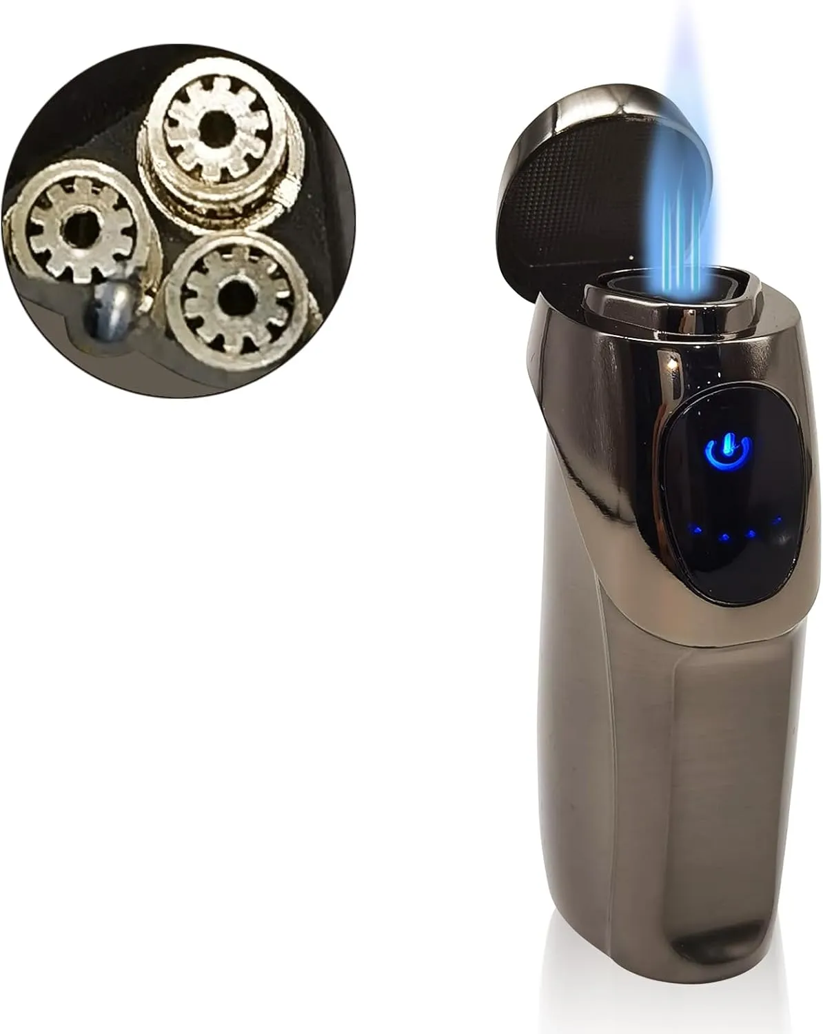JOBON USB Electronic Torch Lighter, Rechargeable Electric Touch Screen Sensing Triple Jet Blue Flames Lighter - No Gas Included (Black Nickel)