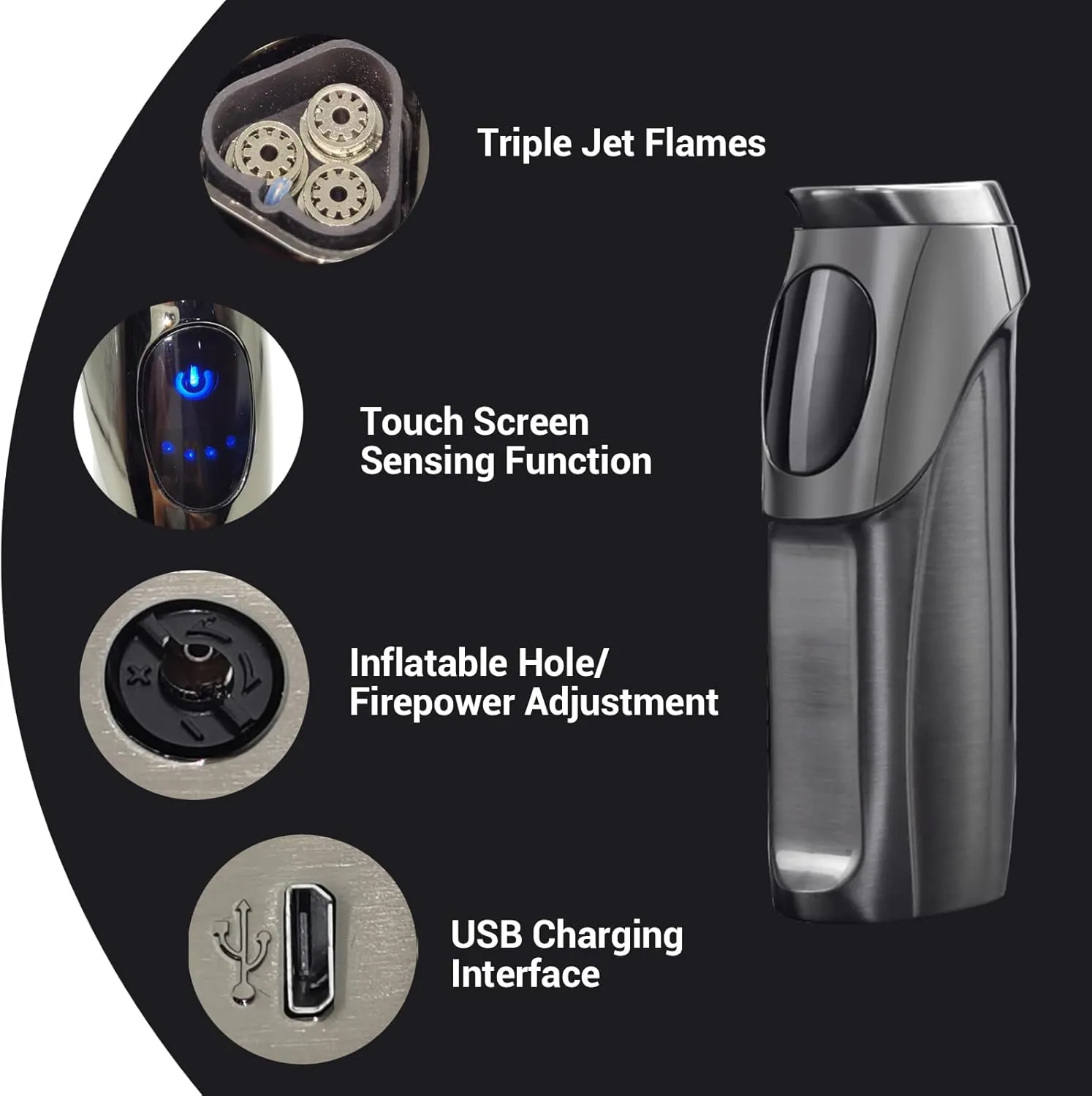 JOBON USB Electronic Torch Lighter, Rechargeable Electric Touch Screen Sensing Triple Jet Blue Flames Lighter - No Gas Included (Black Nickel)