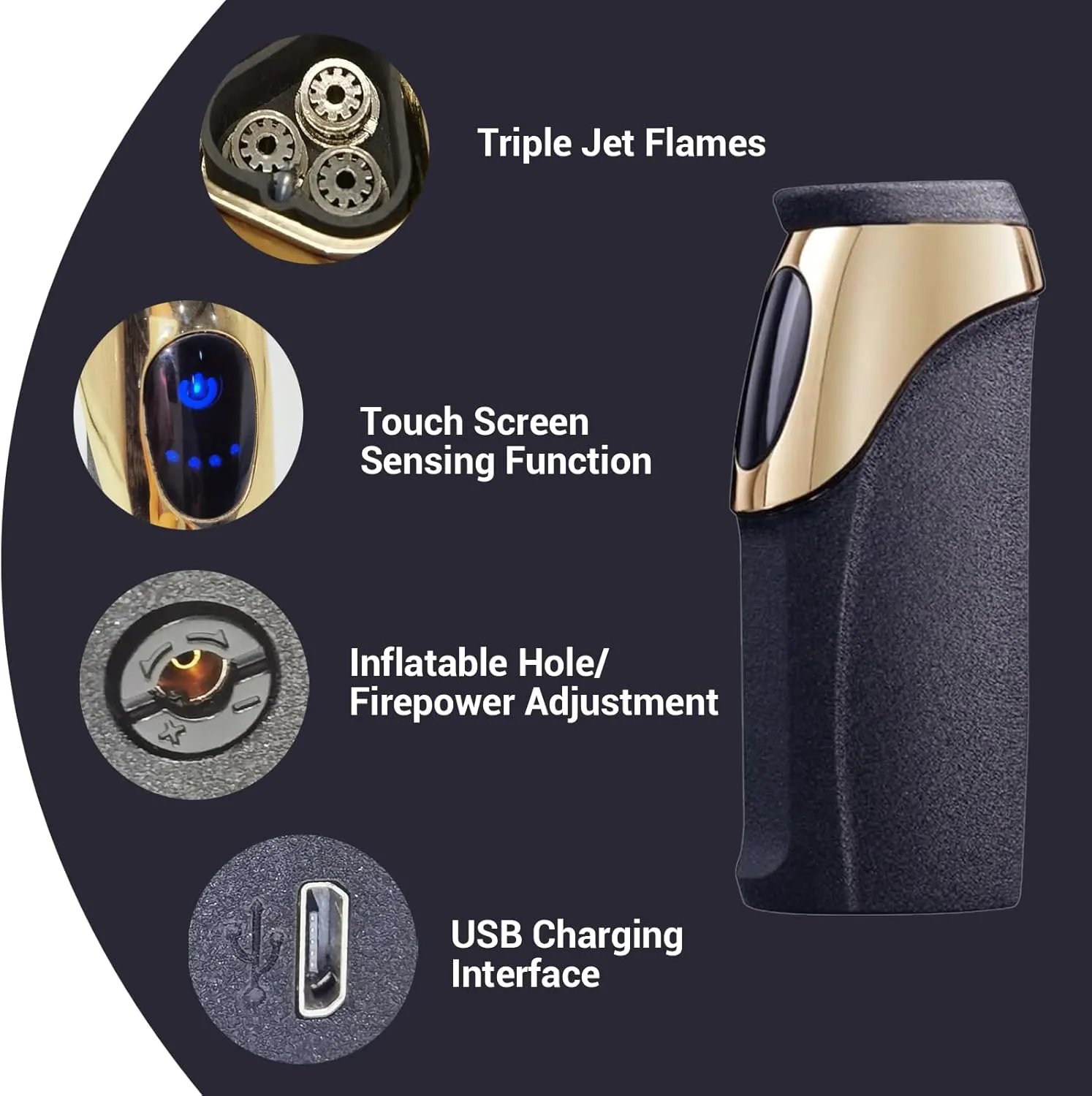 JOBON USB Electronic Torch Lighter, Rechargeable Electric Touch Screen Sensing Triple Jet Blue Flames Lighter - No Gas Included (Black Wrinkle)