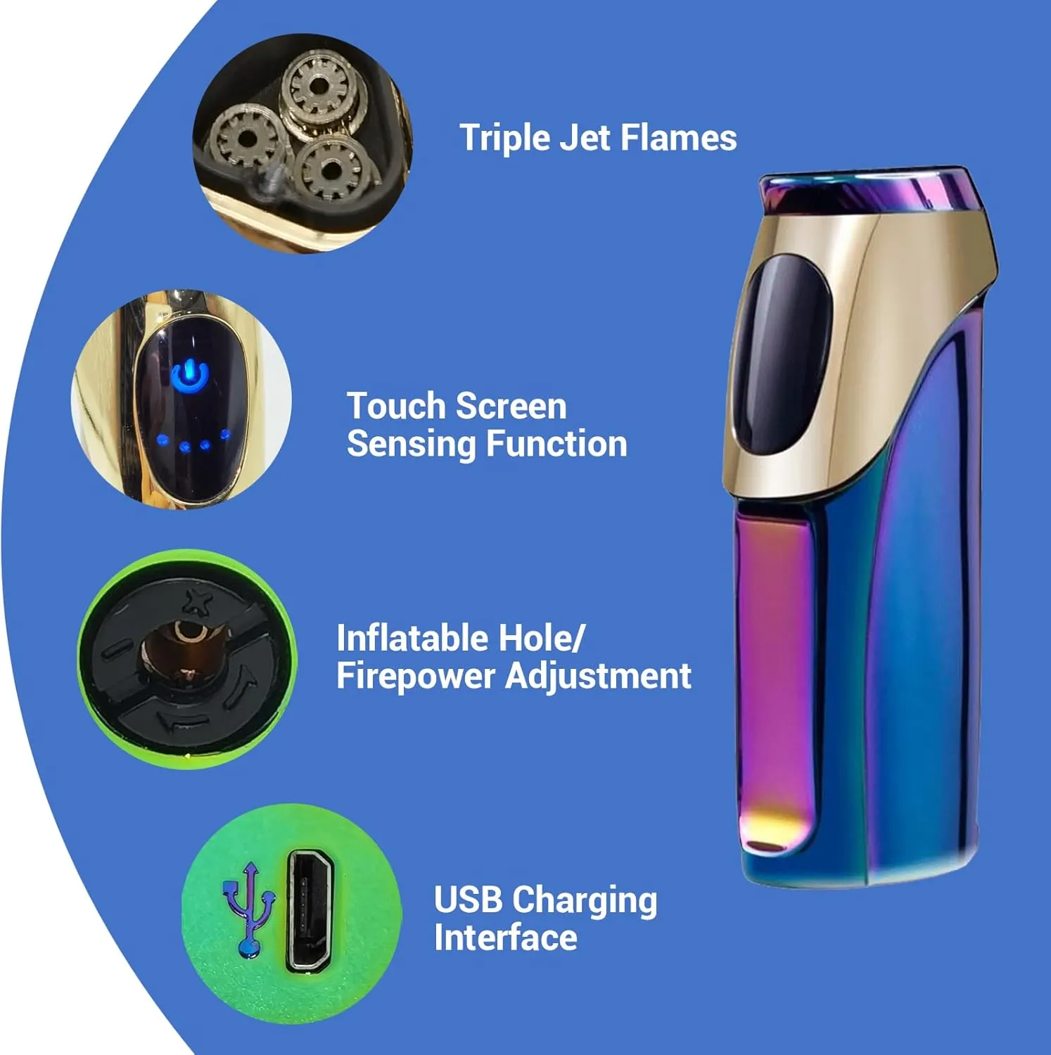 JOBON USB Electronic Torch Lighter, Rechargeable Electric Touch Screen Sensing Triple Jet Blue Flames Lighter - No Gas Included (Colorful Ice)