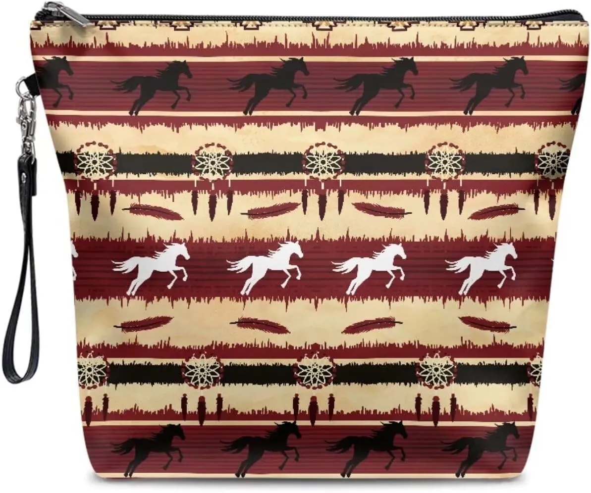 JoyLamoria Aztec Horse Travel Makeup Bag for Women,Western Gift Cosmetic Organizer Make Up Bag