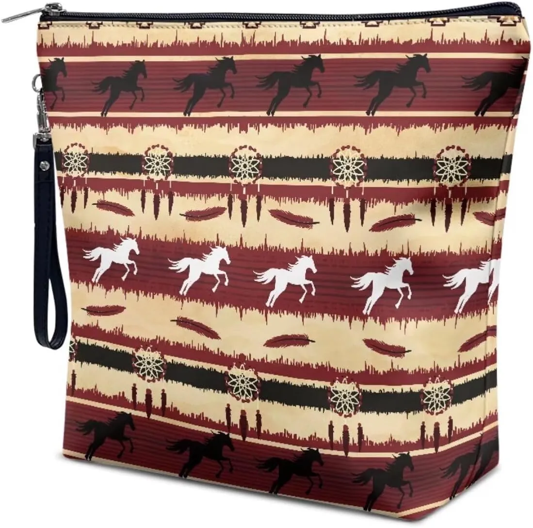 JoyLamoria Aztec Horse Travel Makeup Bag for Women,Western Gift Cosmetic Organizer Make Up Bag