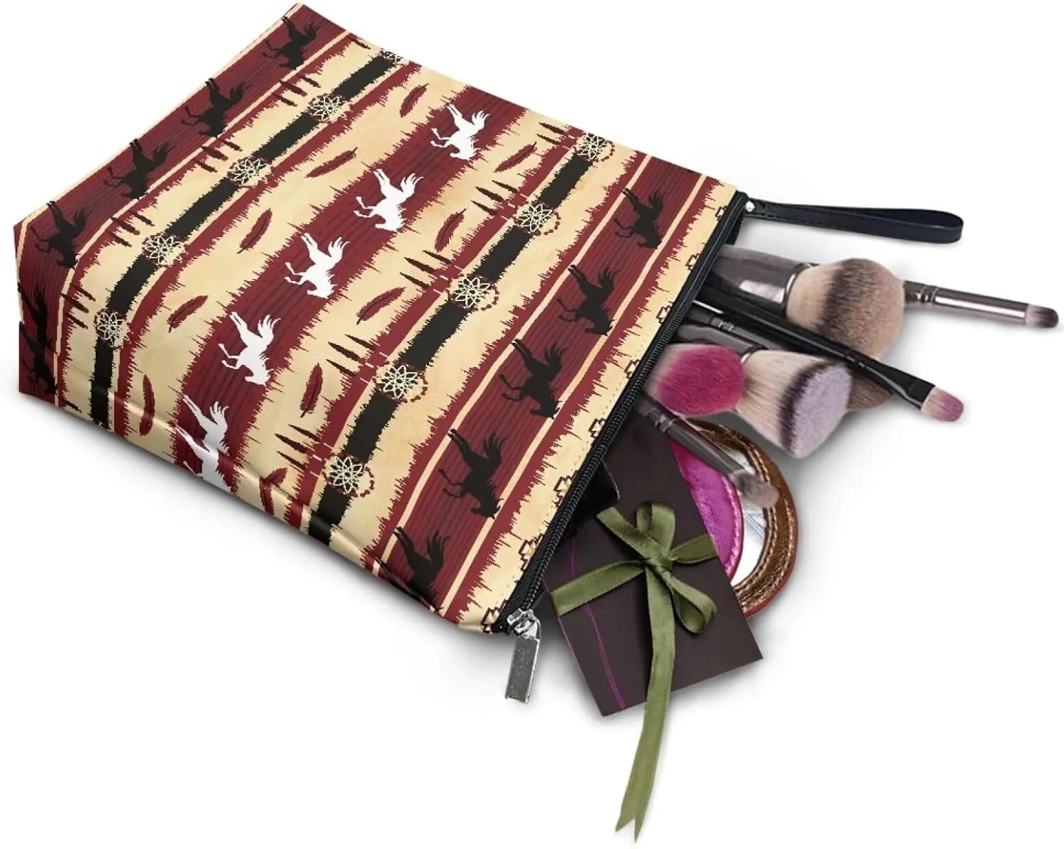 JoyLamoria Aztec Horse Travel Makeup Bag for Women,Western Gift Cosmetic Organizer Make Up Bag