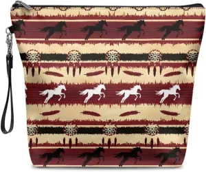 JoyLamoria Aztec Horse Travel Makeup Bag for Women,Western Gift Cosmetic Organizer Make Up Bag