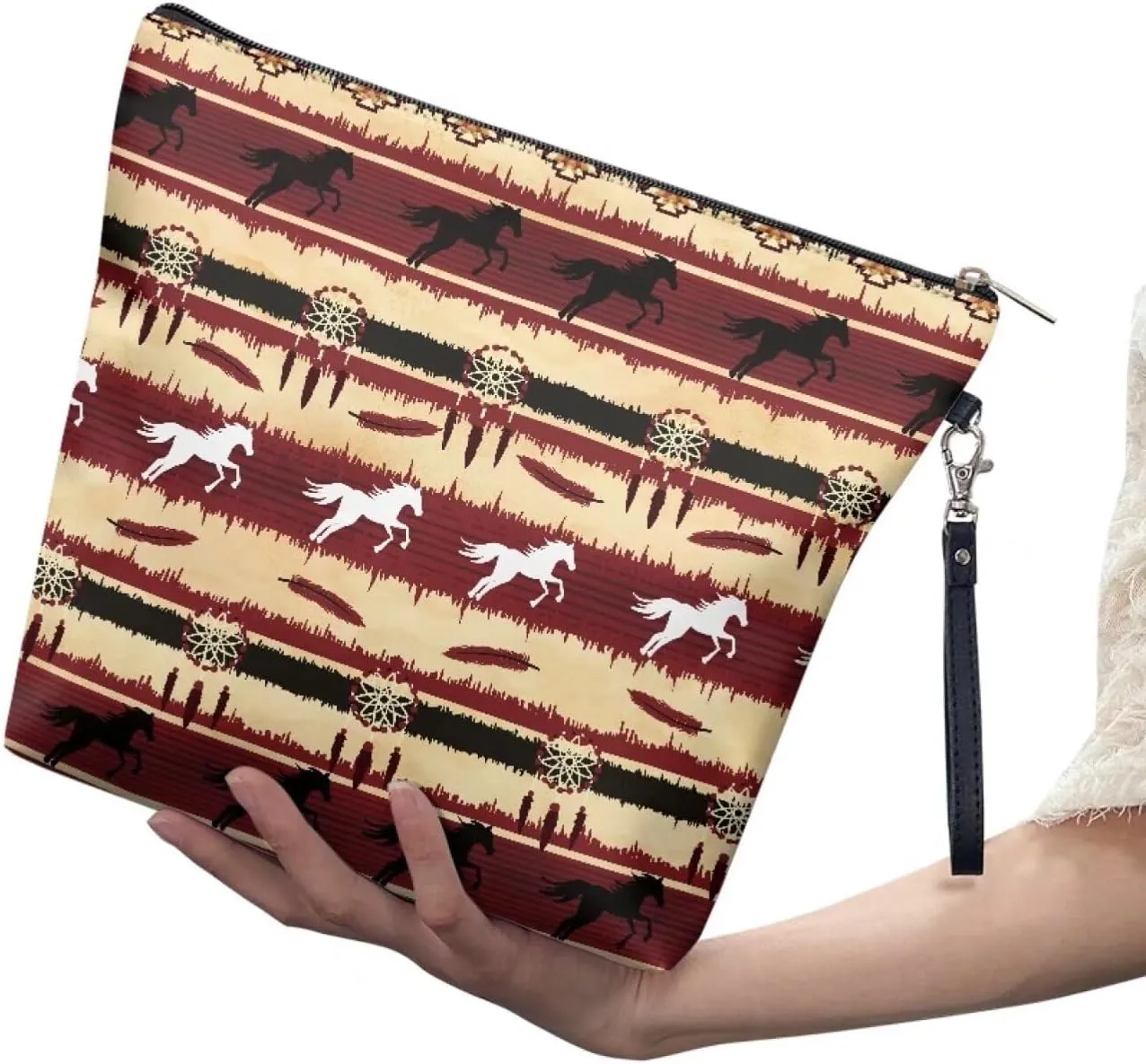 JoyLamoria Aztec Horse Travel Makeup Bag for Women,Western Gift Cosmetic Organizer Make Up Bag