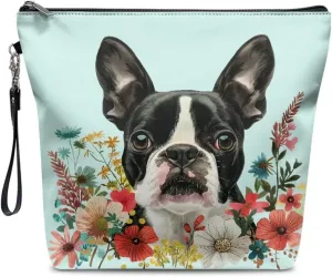 JoyLamoria Boston Terrier Flower Toiletry Bag Leather Cosmetic Bag Makeup Bag Small Zipper Pouch