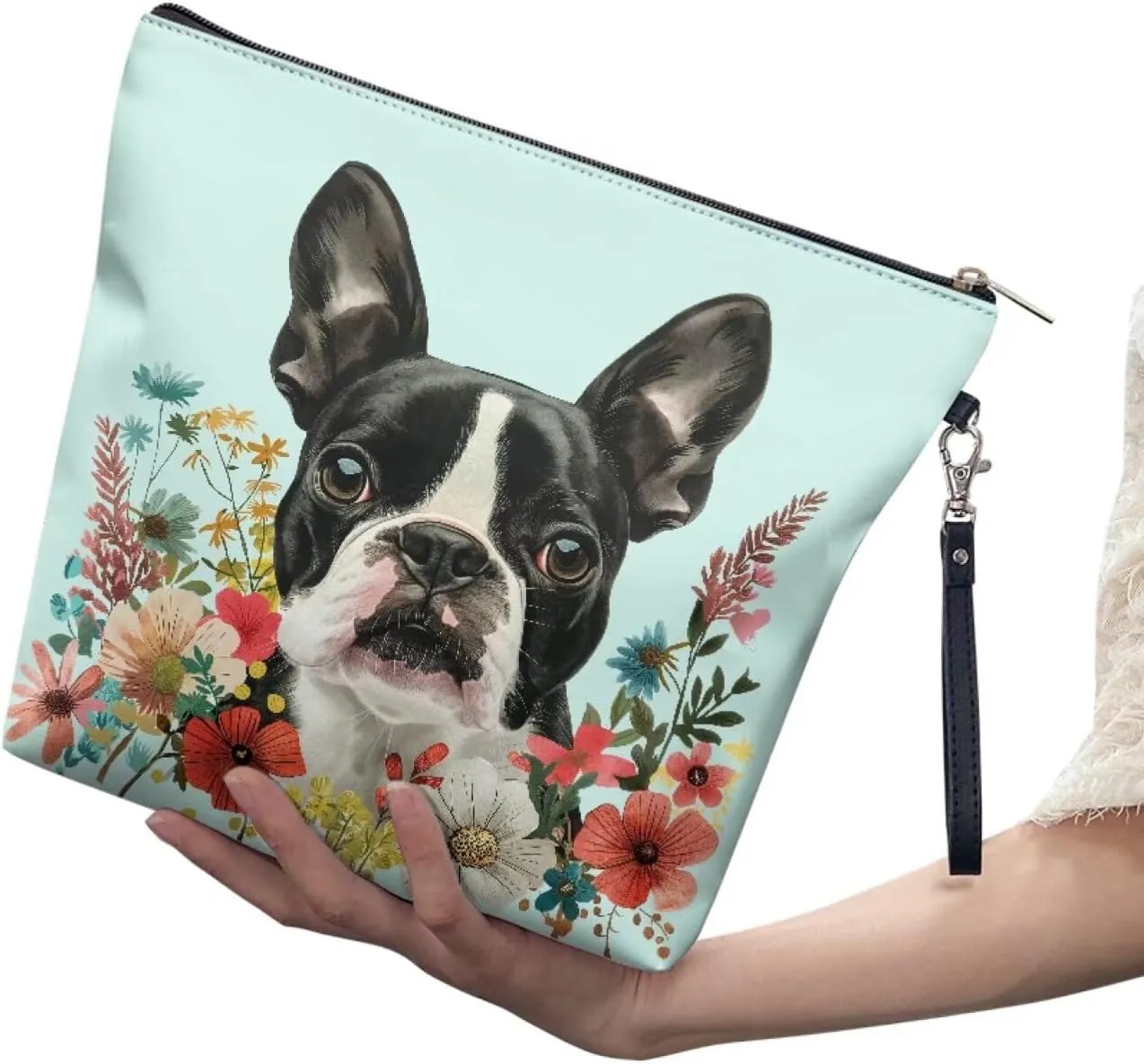 JoyLamoria Boston Terrier Flower Toiletry Bag Leather Cosmetic Bag Makeup Bag Small Zipper Pouch