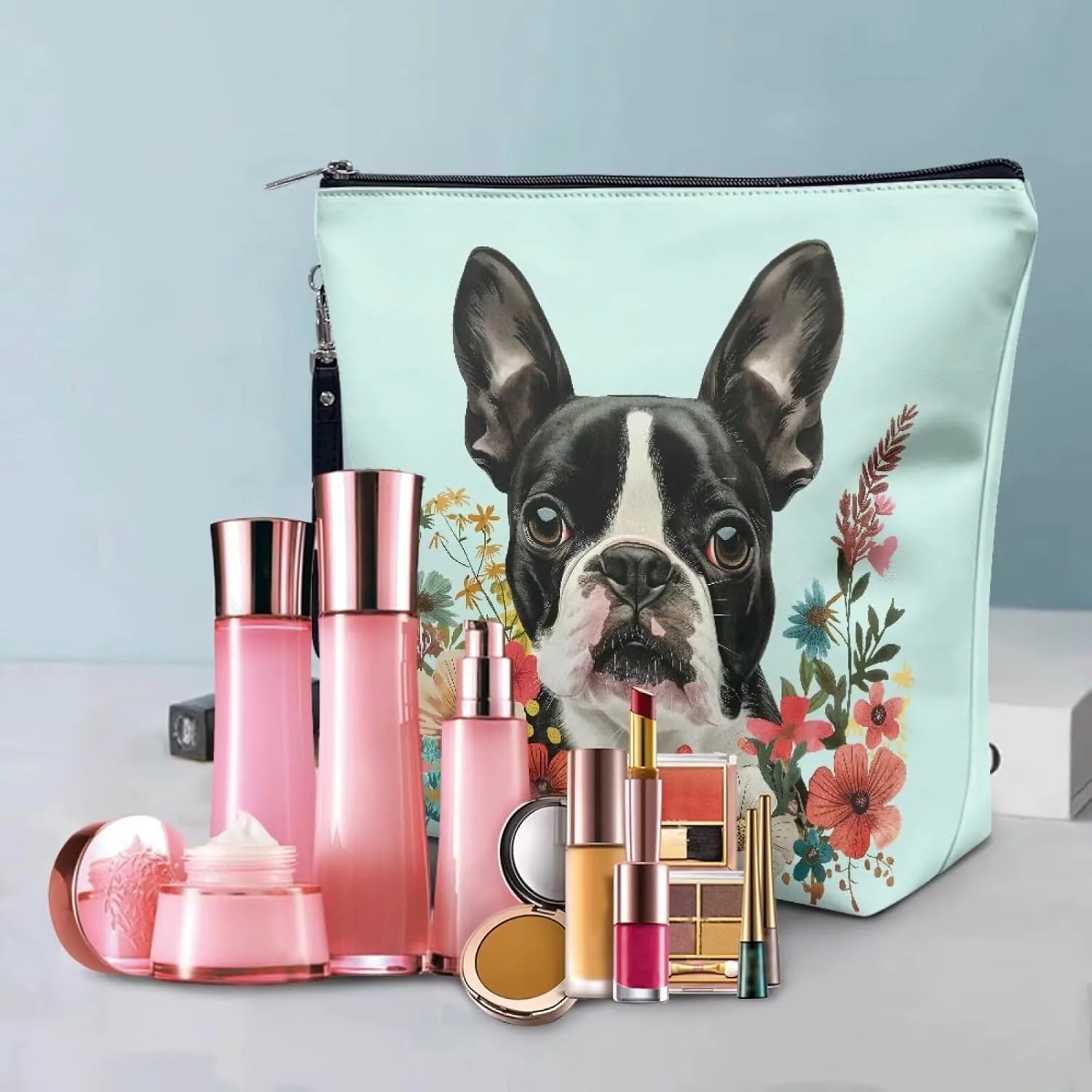 JoyLamoria Boston Terrier Flower Toiletry Bag Leather Cosmetic Bag Makeup Bag Small Zipper Pouch