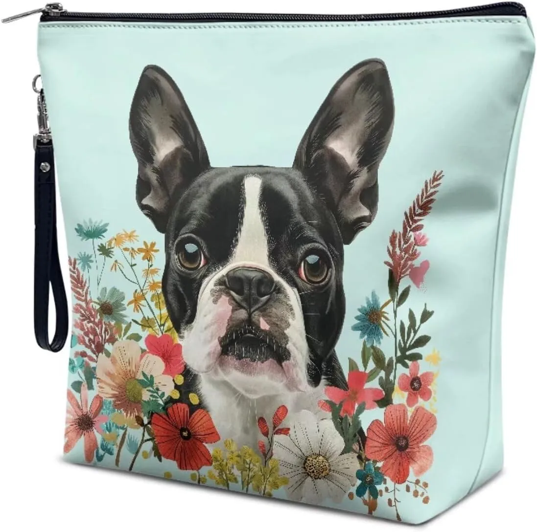 JoyLamoria Boston Terrier Flower Toiletry Bag Leather Cosmetic Bag Makeup Bag Small Zipper Pouch