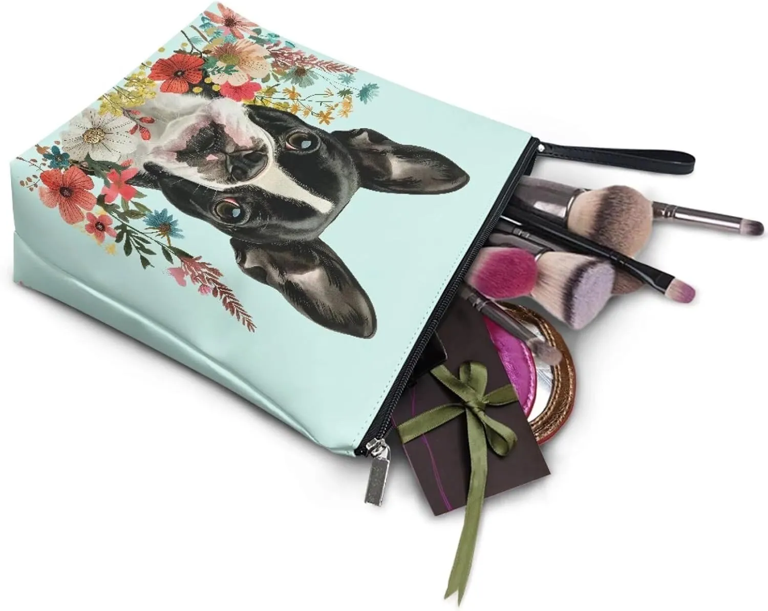 JoyLamoria Boston Terrier Flower Toiletry Bag Leather Cosmetic Bag Makeup Bag Small Zipper Pouch