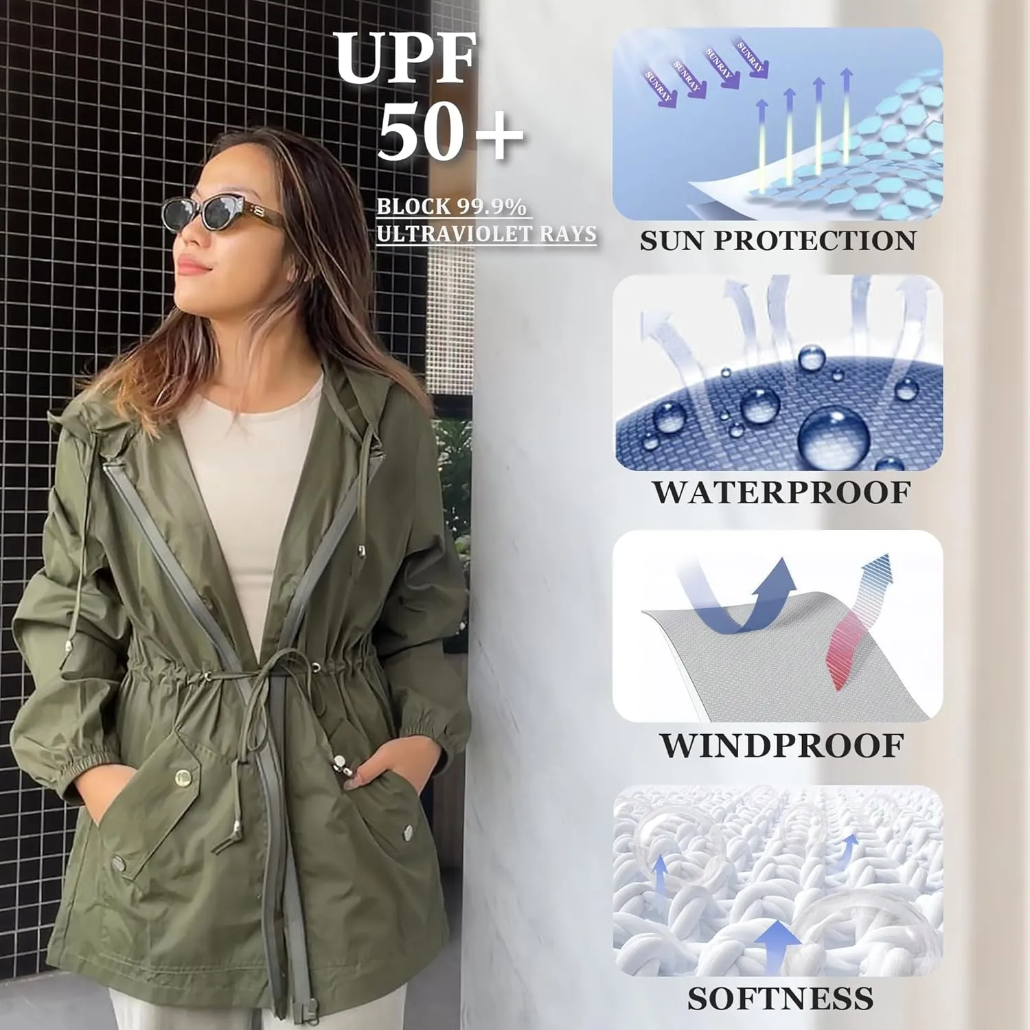 JTANIB Women Packable Rain Jacket Waterproof Lightweight Raincoat Hooded for Hiking Outdoor Travel