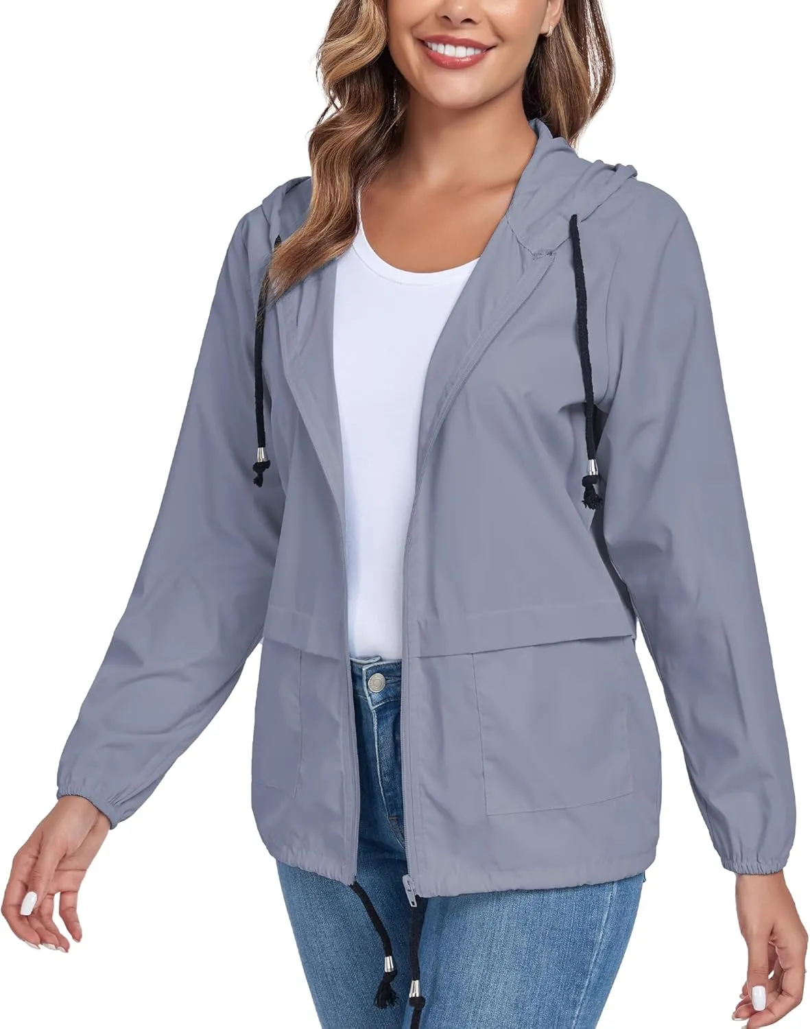 JTANIB Women's Raincoat Waterproof Windbreaker Hooded Lightweight Packable Rain Jacket with Back Zipper Coats S-XXL