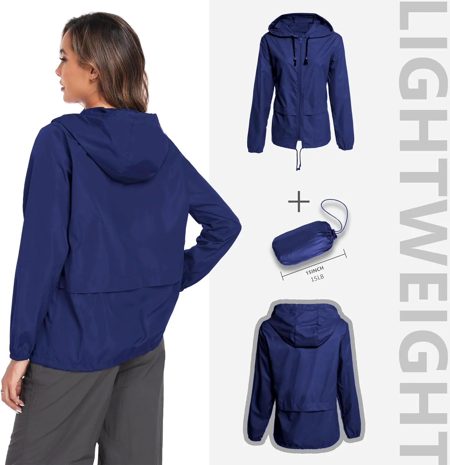 JTANIB Women's Raincoat Waterproof Windbreaker Hooded Lightweight Packable Rain Jacket with Back Zipper Coats S-XXL