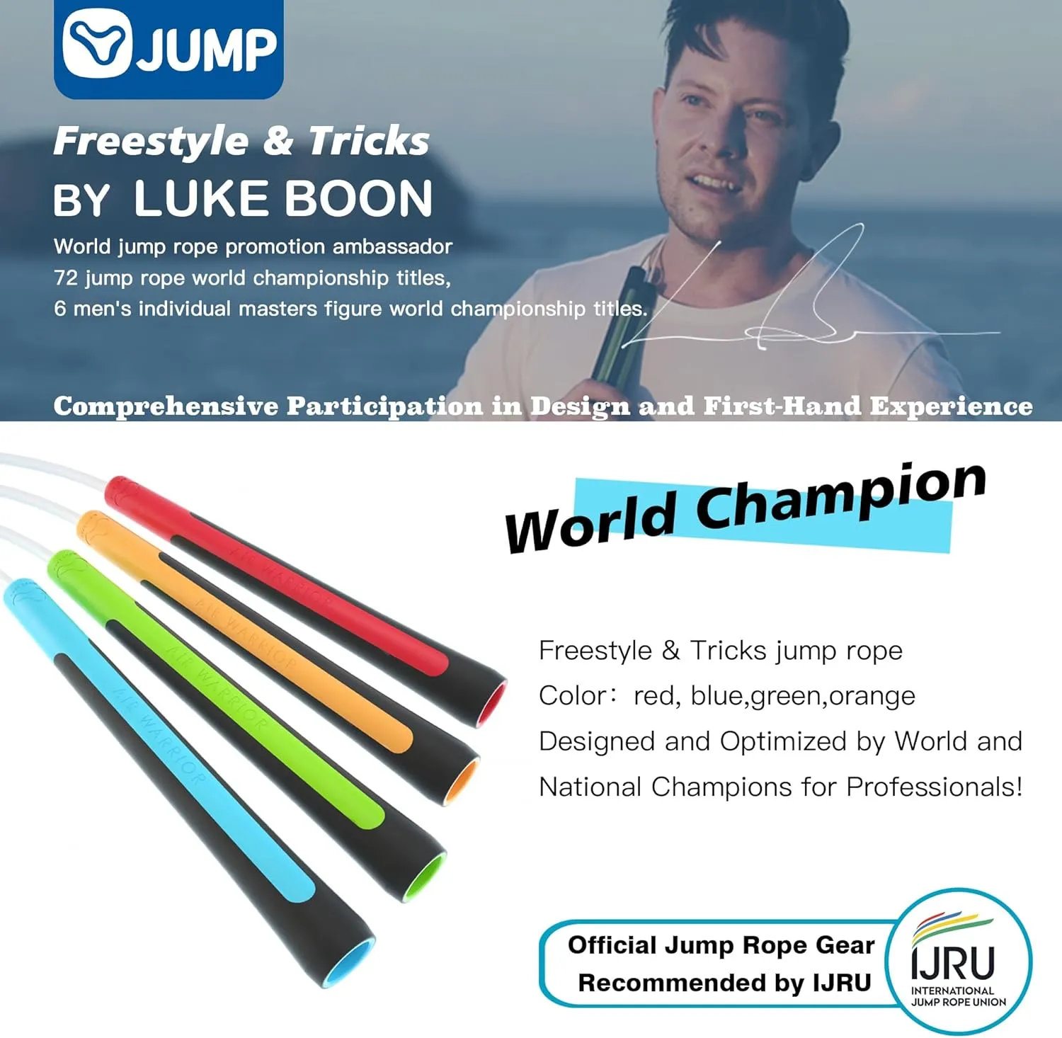[JUMP Yuedong] Champion Collaboration Jump Rope, Freestyle Jump Rope, Adjustable Fitness Skipping Rope with Bearings, Tangle-Free Design for High-Speed Training, Non-Slip Rubber Grip, Perfect for Adults and Kids