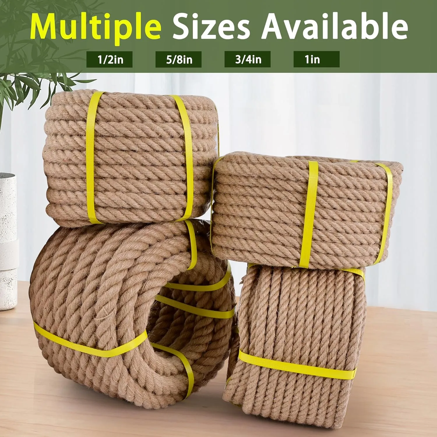 Jute Rope 3/4 Inch x 50Ft,Natural Hemp Rope,Thick Rope,Swing Rope,Heavy Duty Rope Available as Tug of War Rope,Nautical Rope,Craft Rope,Lasso Rope and Rope for Hammock,etc.