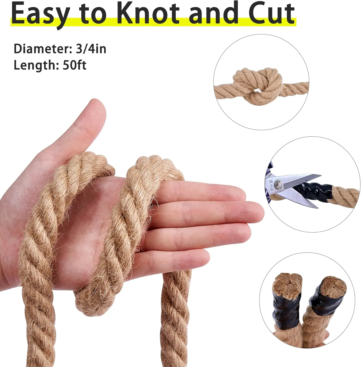 Jute Rope 3/4 Inch x 50Ft,Natural Hemp Rope,Thick Rope,Swing Rope,Heavy Duty Rope Available as Tug of War Rope,Nautical Rope,Craft Rope,Lasso Rope and Rope for Hammock,etc.